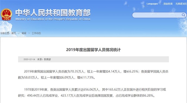 教育部：2019年度出国留学人员情况统计