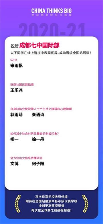 全国站展演晋级名单公布，成都七中国际部8名学子入围！