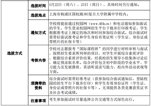 2021年复旦大学附属中学(国际课程班)高中国际课程班招生方案