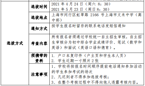 2021年上海市文来中学(高中国际课程班)招生方案