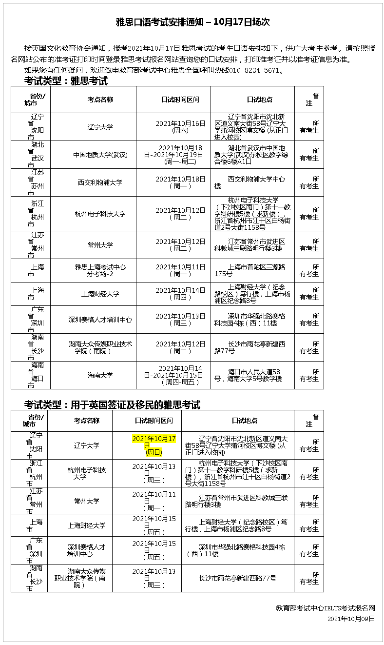 雅思官宣 - 取消10月部分考点的雅思考试