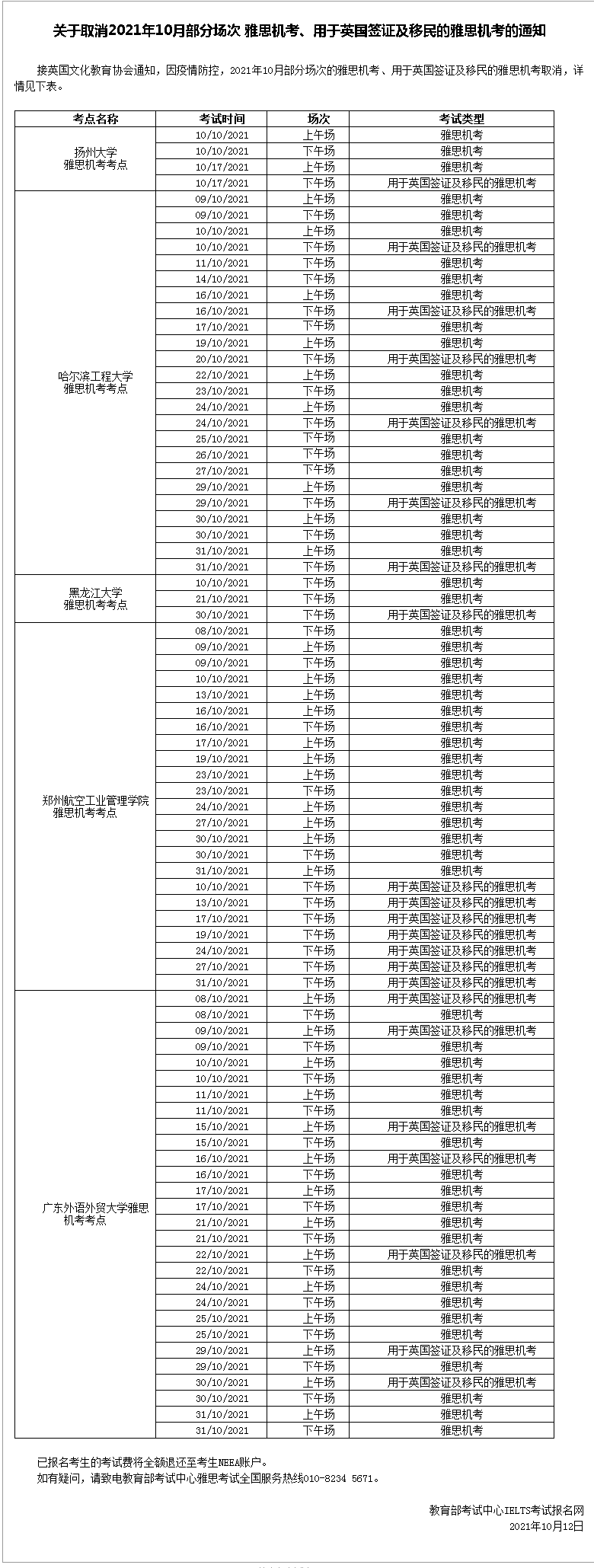 雅思官宣 - 取消10月部分考点的雅思考试