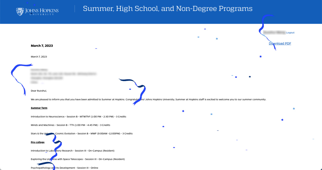 上海诺美学校：学子获约翰斯霍普金斯大学夏校的Offer                